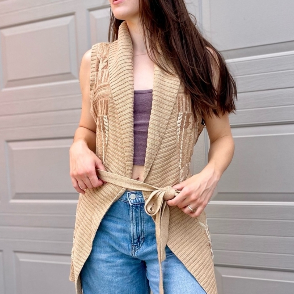 Lauren Ralph Lauren Women's Medium Silk Linen Knit Long Aztec Tie Sweater Vest